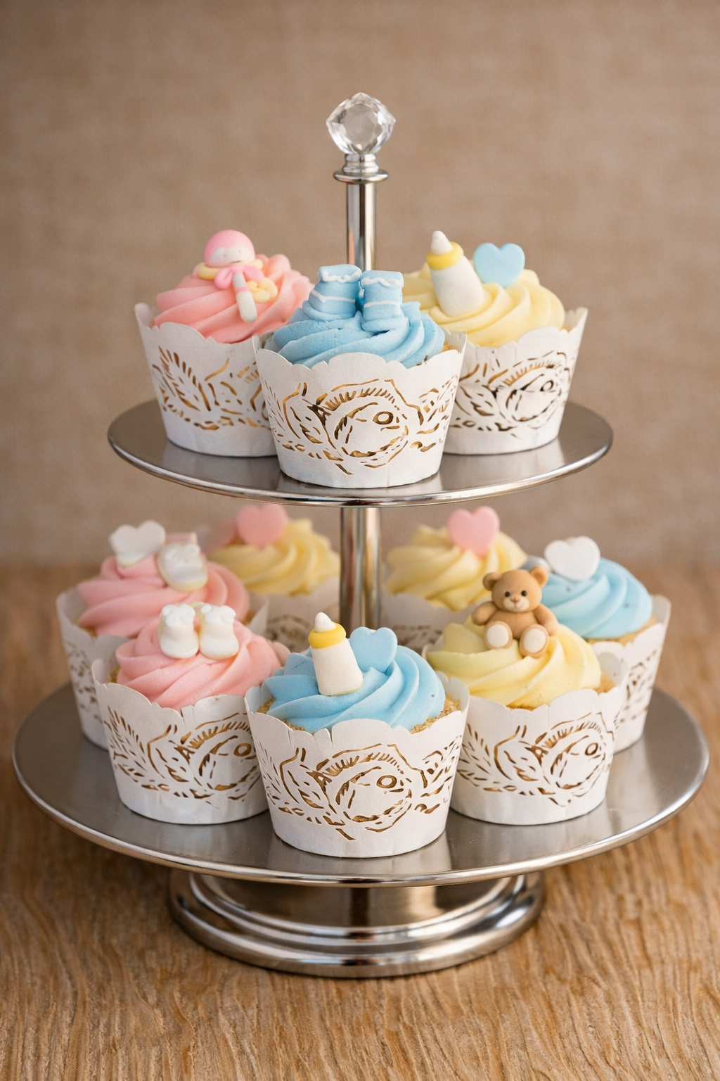A two-tiered silver metal cupcake stand holding six decorated cupcakes with pastel pink, blue, and yellow frosting, white paper liners with gold floral patterns, and small baby-themed toppers like marshmallows, candles, and a teddy bear, set on a wooden surface against a warm beige background.