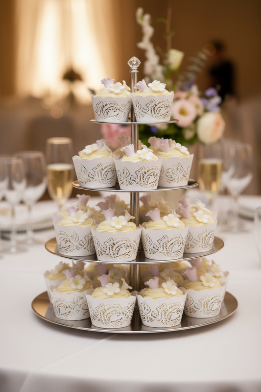 A five-tier silver cupcake stand holding decorated cupcakes with white frosting, white lace-patterned liners, and small pale lavender flower toppers against a warm brown textured background.